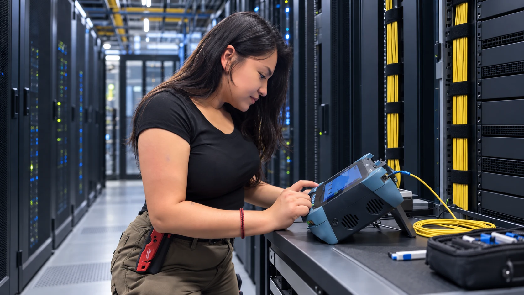 ZelusX technician using an EXFO fiber test instrument beside data center racks and yellow fiber cabling