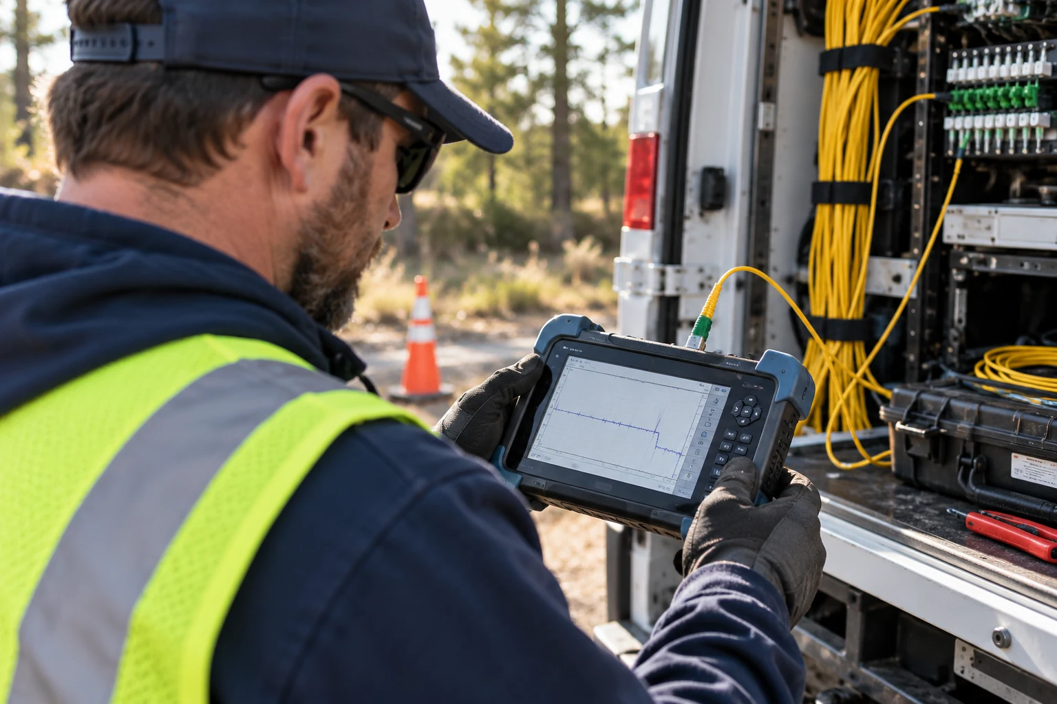 Illustrative technician checking a fiber test instrument
