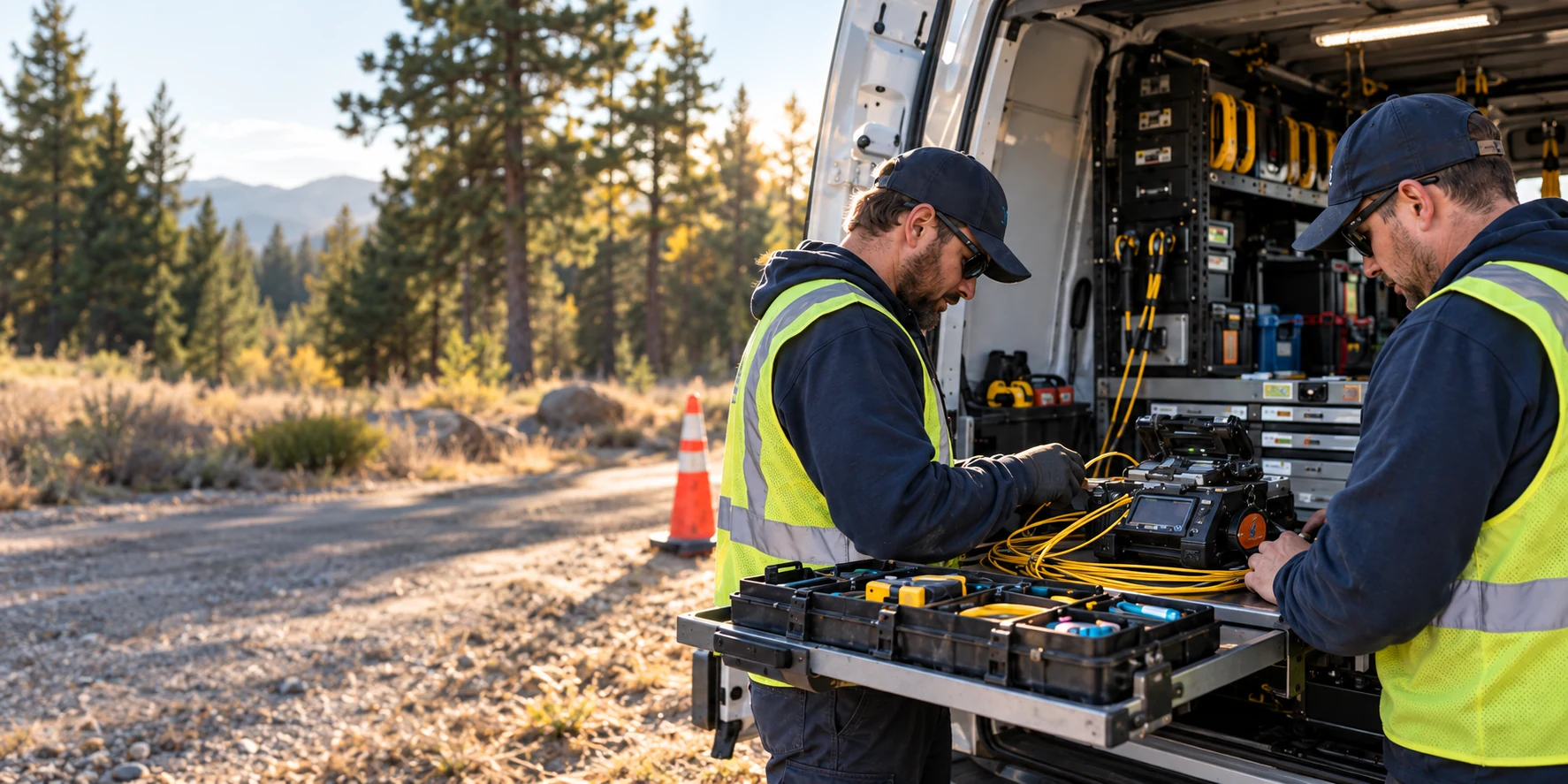 Illustrative field crew collaborating on fiber work