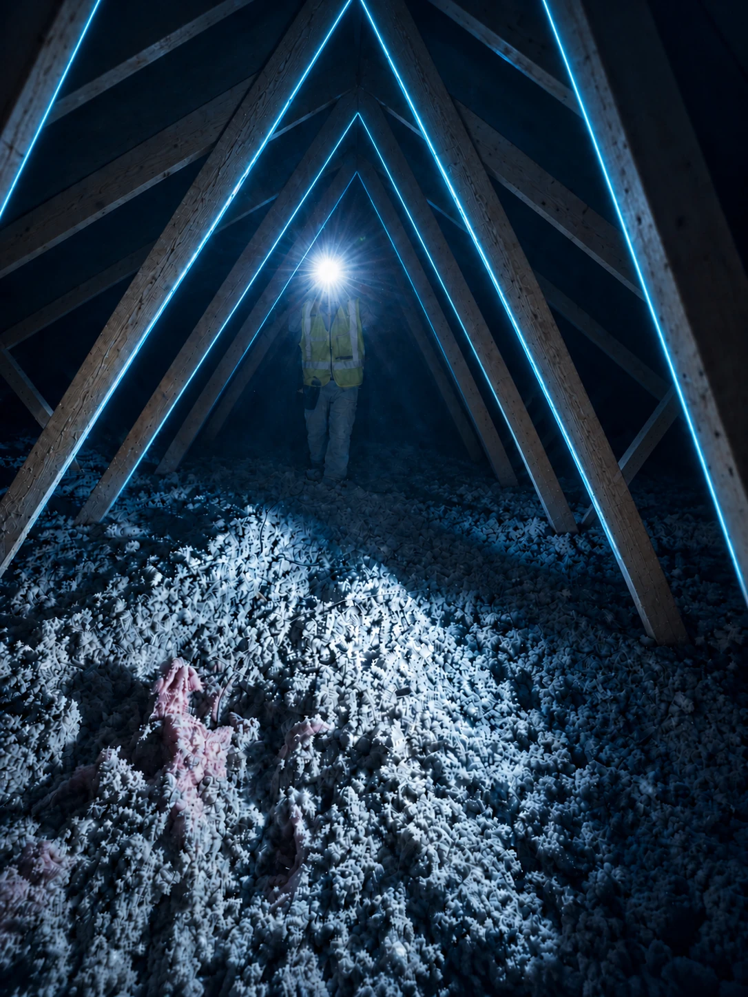 ZelusX technician in an attic with cyan-lit triangular trusses during an MDU deployment