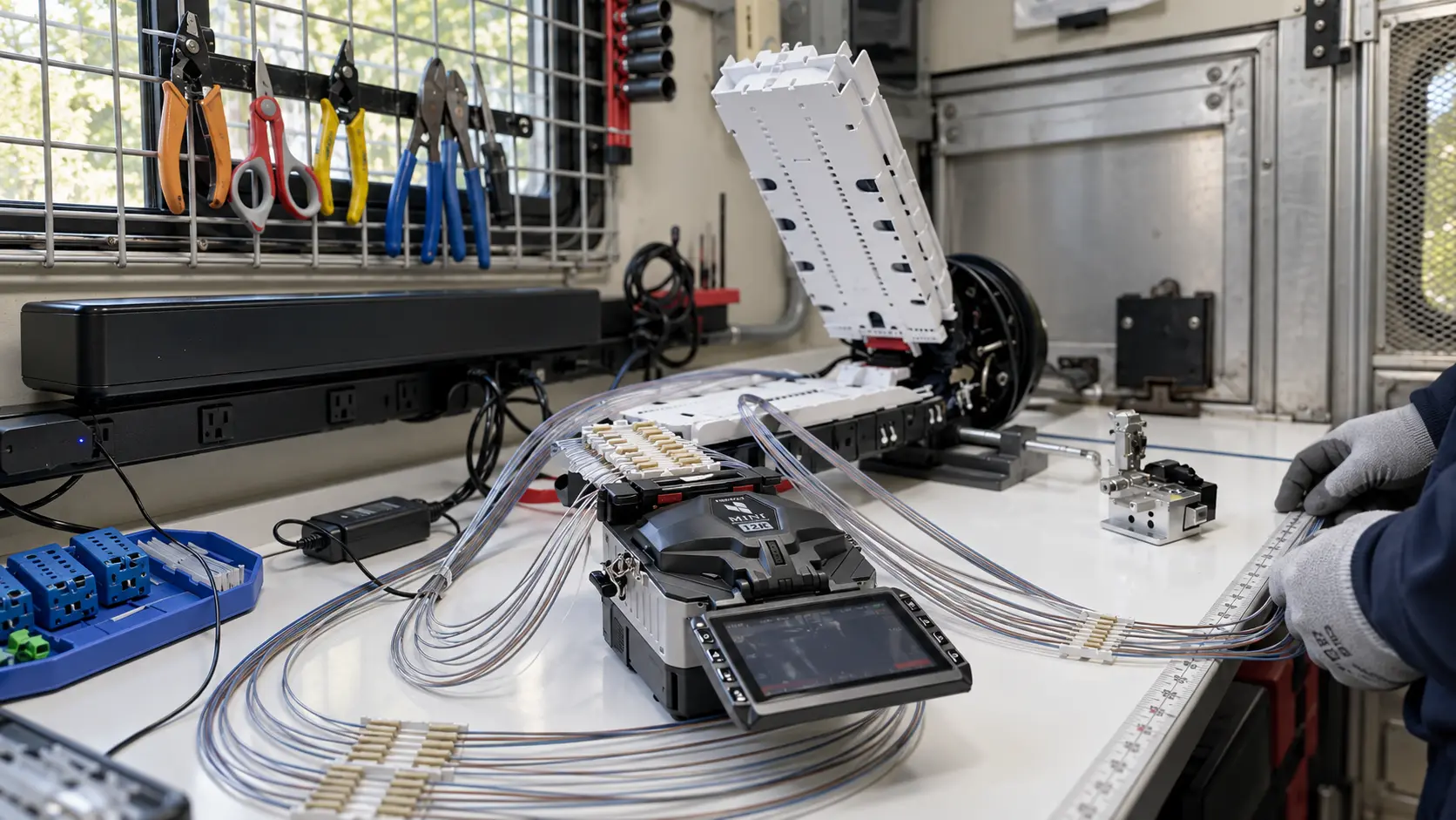 Photo-based illustration of the ZelusX splicing setup with a ribbon fusion splicer, open splice trays and gloved hands at work